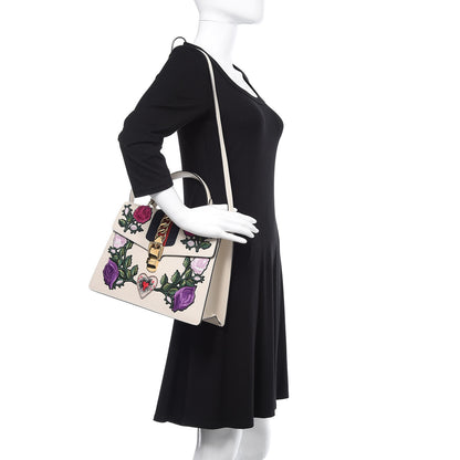 Gucci Calfskin Embroidered Medium Sylvie Top Handle Bag White 2 of 14