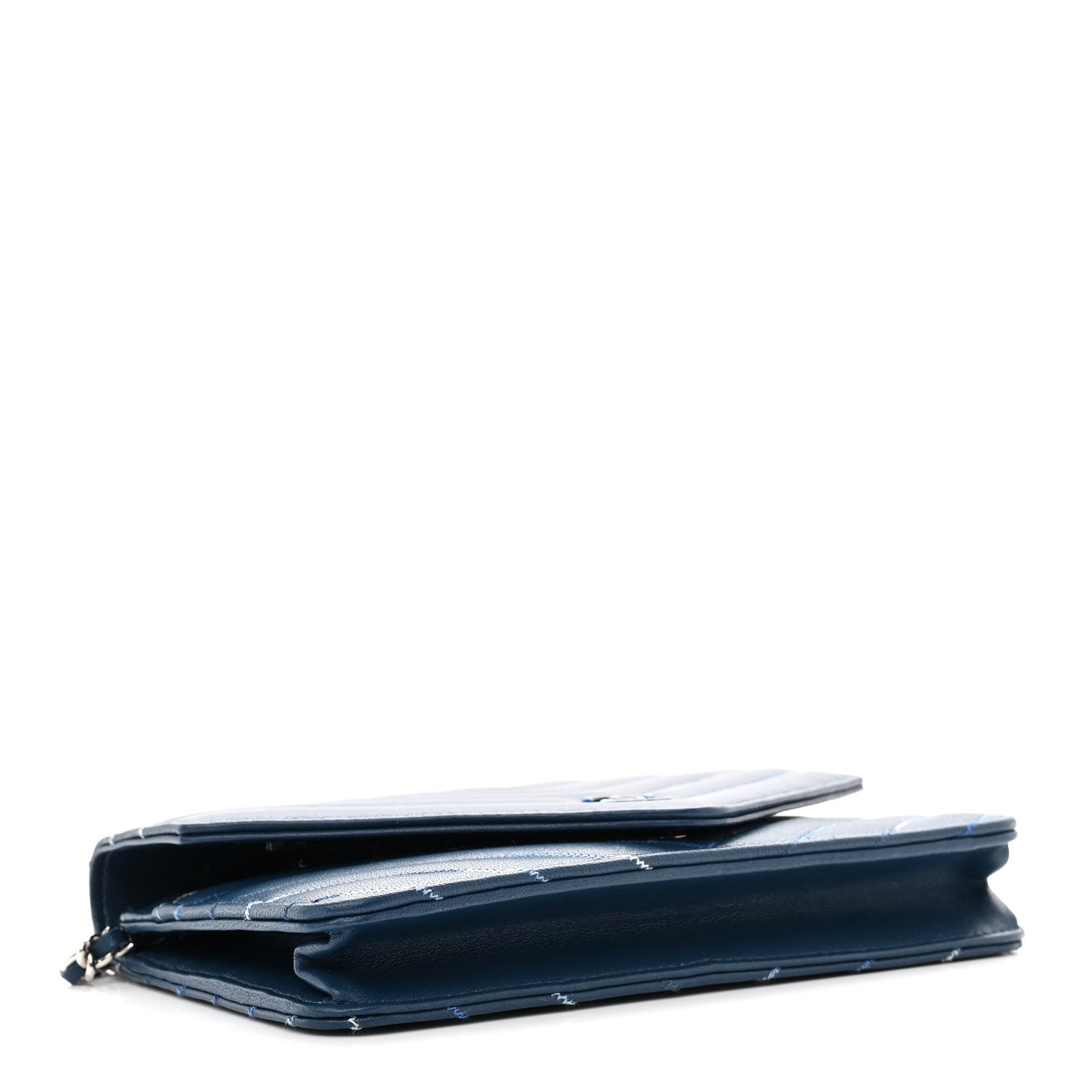Chanel Lambskin Chevron Quilted Stitched Wallet On Chain WOC Blue 4 of 12