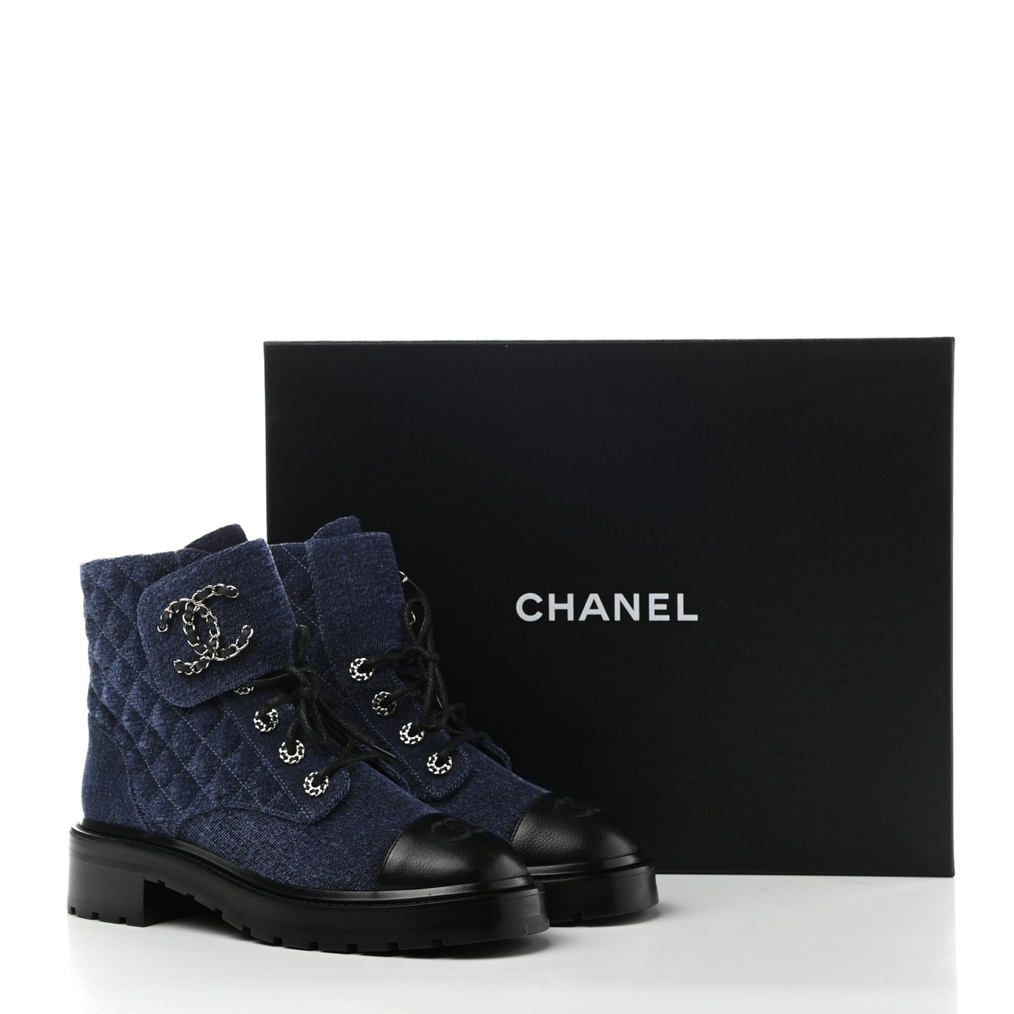 Denim Calfskin Quilted Lace Up Combat Boots 39 Blue