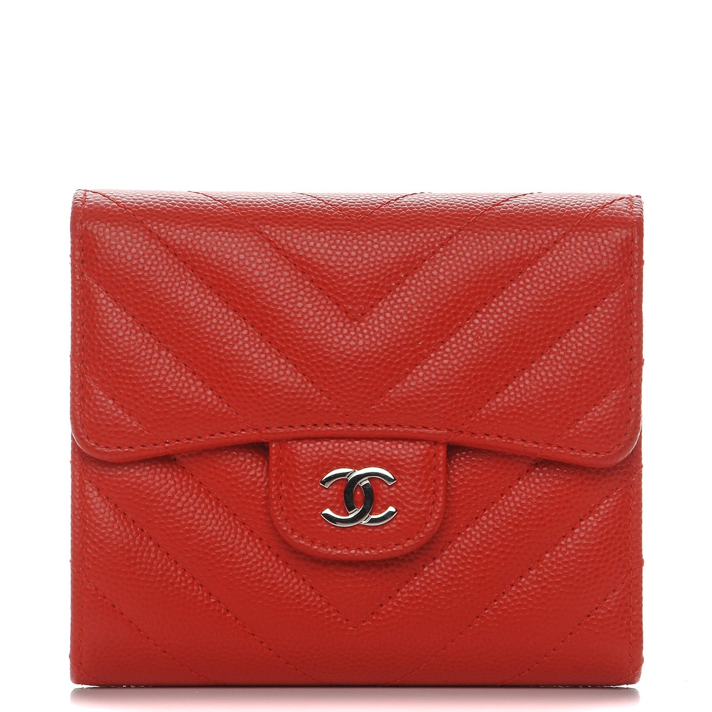 Caviar Chevron Quilted Compact Flap Wallet Red
