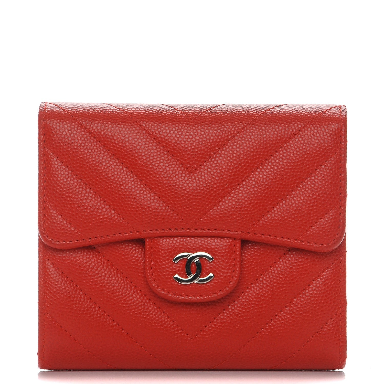 Chanel Caviar Chevron Quilted Compact Flap Wallet Red 1 of 9