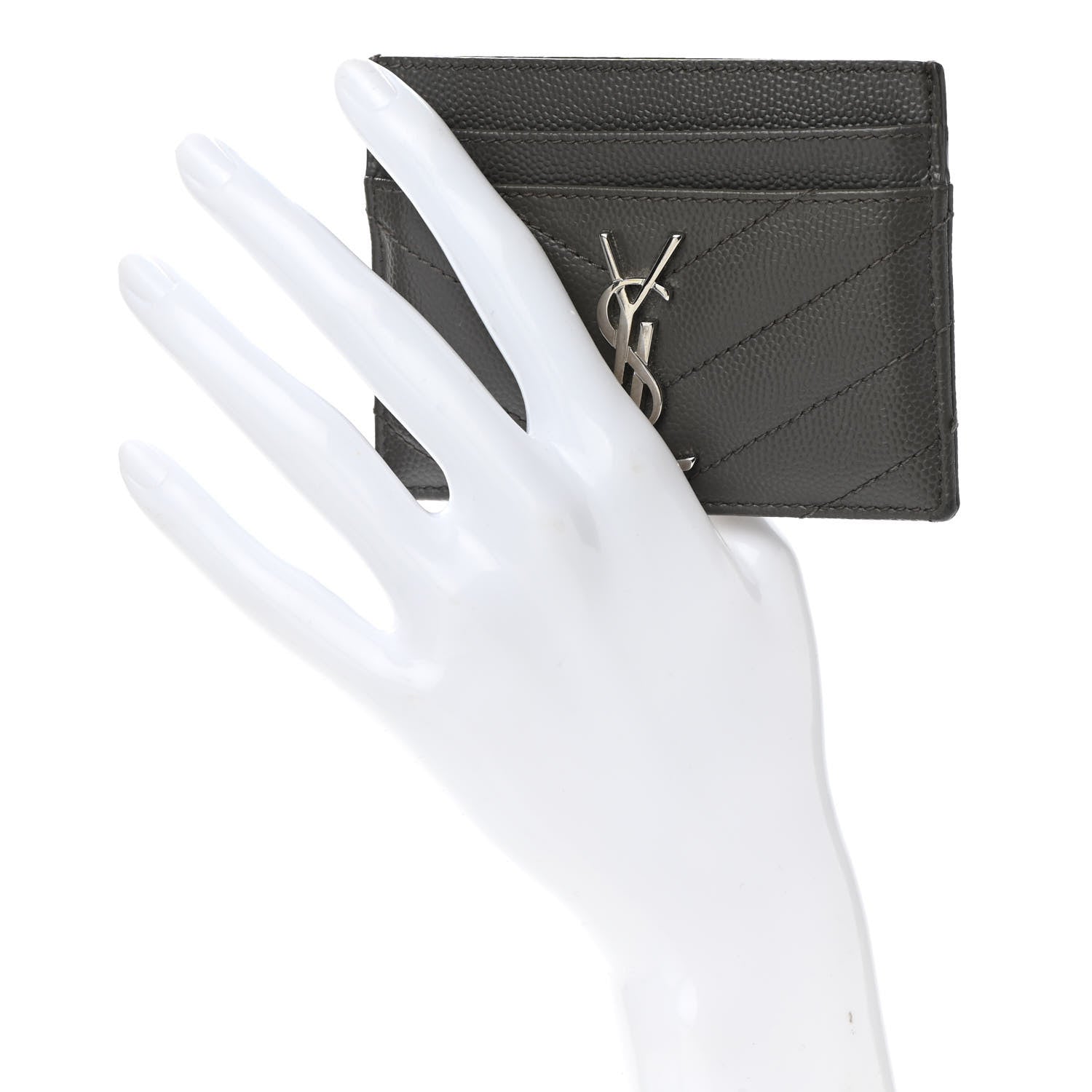 Saint Laurent Grain De Poudre Matelasse Chevron Monogram Credit Card Case Coal 2 of 11