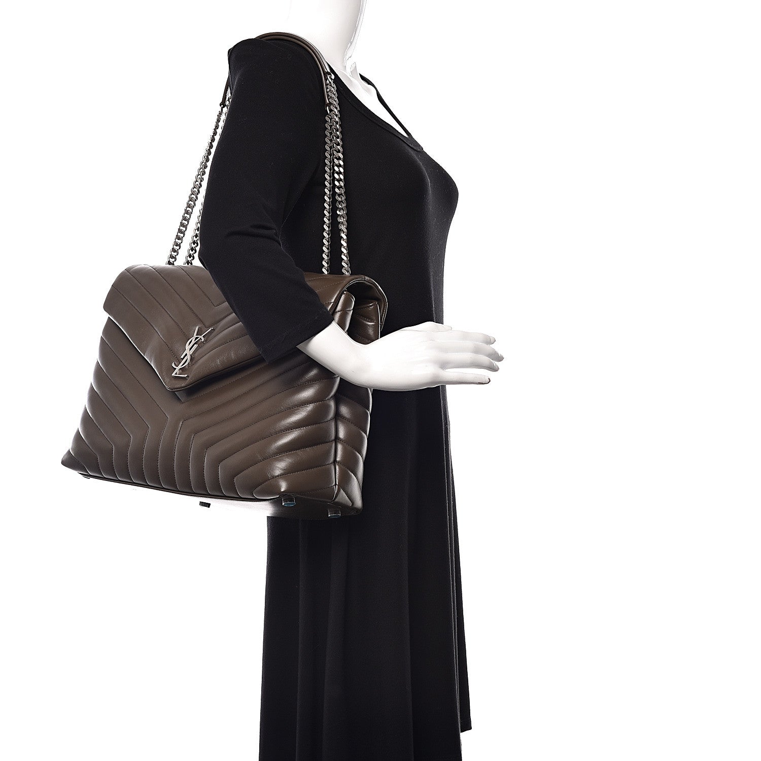 Saint Laurent Calfskin Y Quilted Monogram Large Loulou Chain Satchel Kaki Fonce 2 of 11