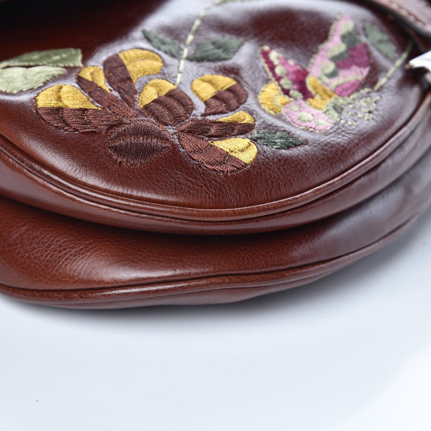 Calfskin Embroidered Romantic Flowers Saddle Bag Brown