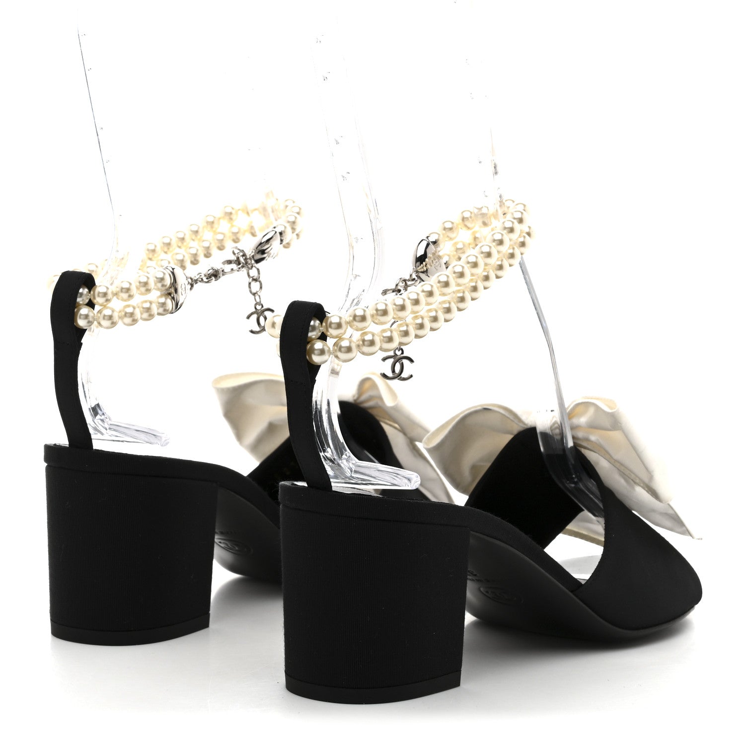 Chanel Silk Pearl Ankle Strap Sandals 37 Black White 5 of 10