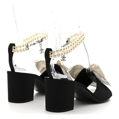 Chanel Silk Pearl Ankle Strap Sandals 37 Black White 5 of 10