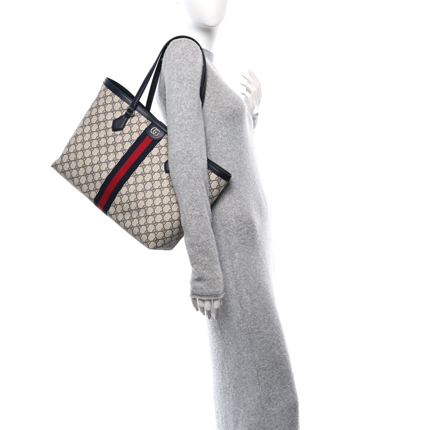GG Supreme Monogram Textured Calfskin Web Medium Ophidia Shopping Tote Beige Blue