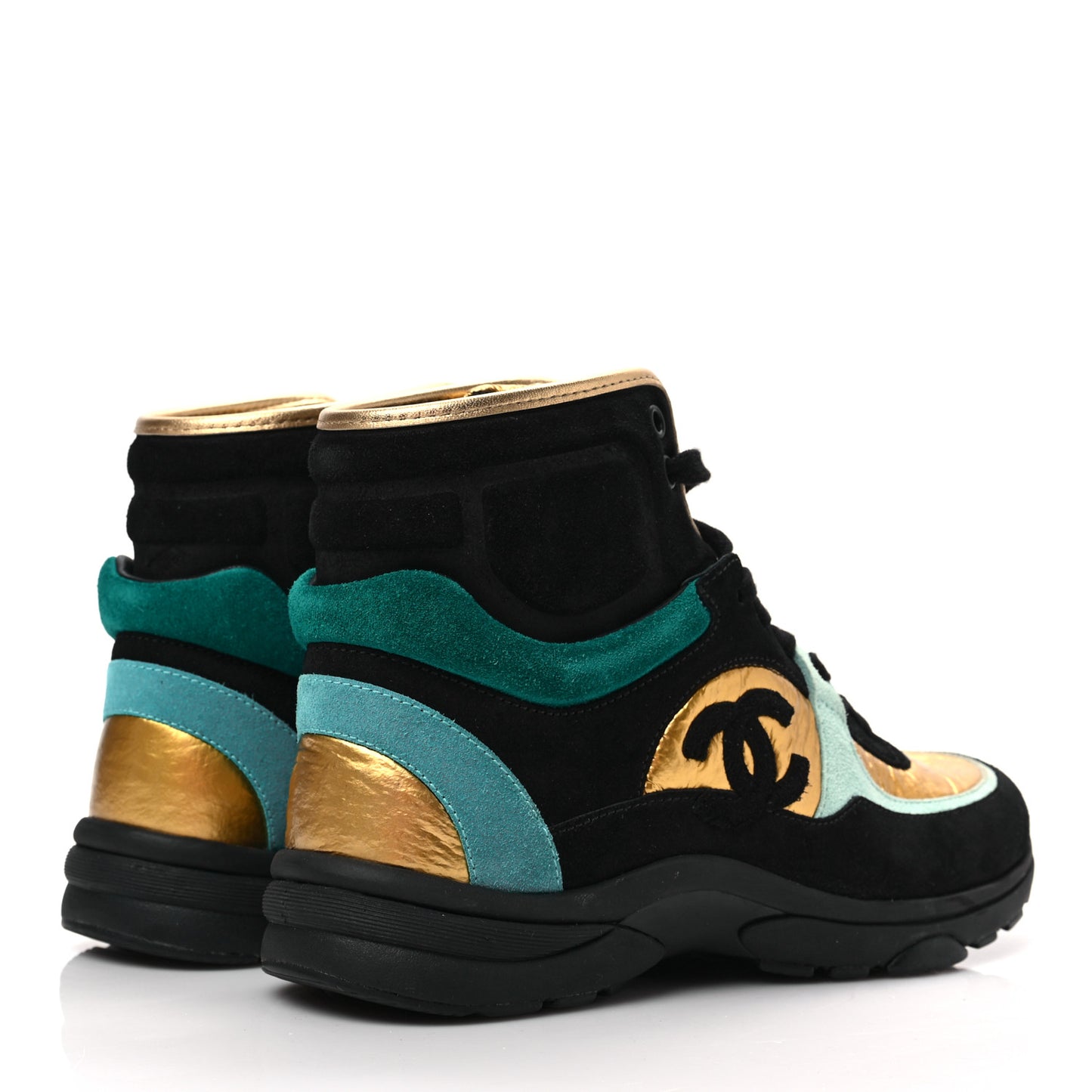 Suede Calfskin Fabric CC High Top Sneakers 37 Black Turquoise Gold