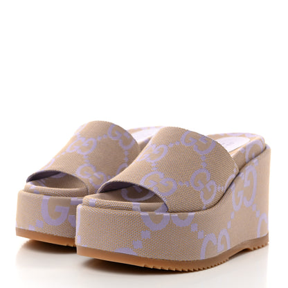 Gucci Monogram Jumbo GG Platform Slide Wedge Sandals 36 Beige Lapis 3 of 8