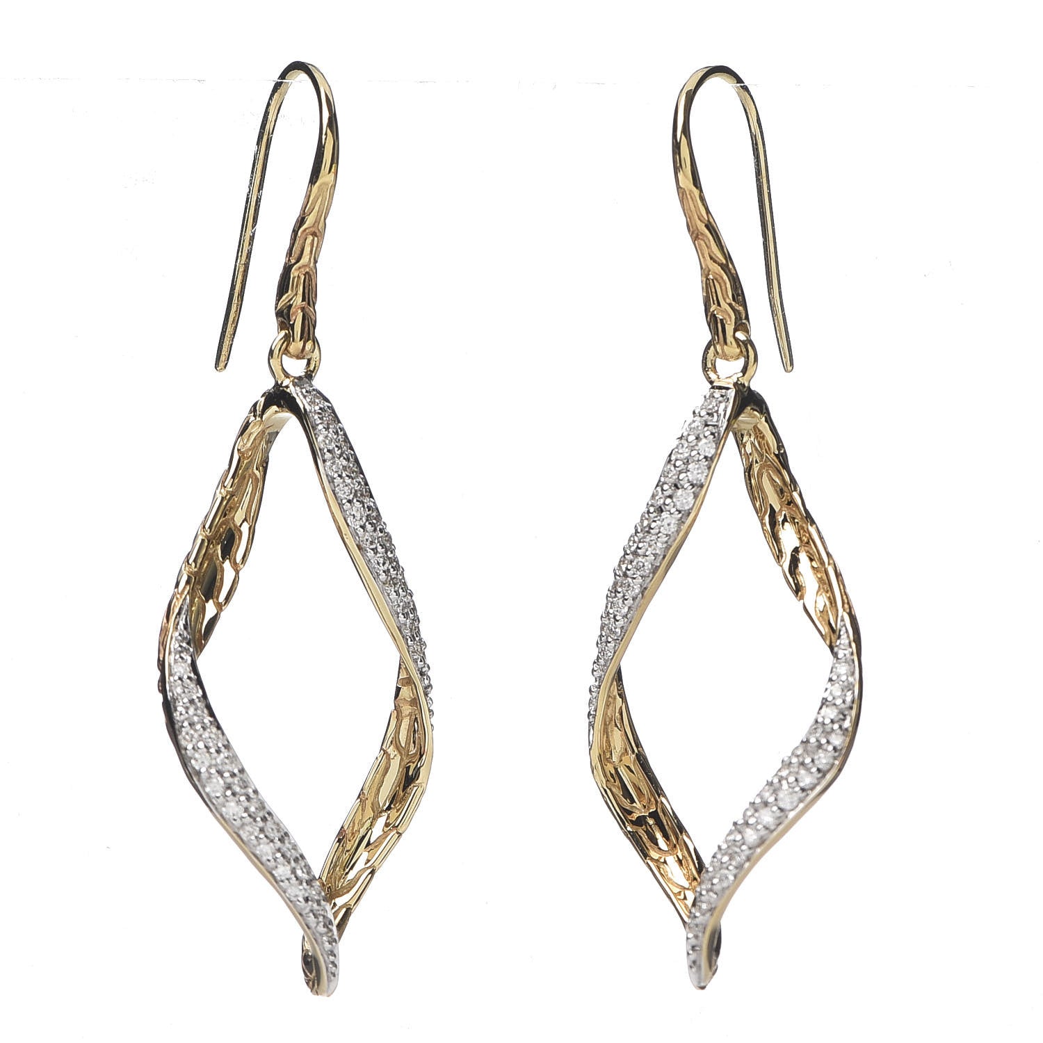 John Hardy 18K Yellow Gold Diamond Classic Chain Twisted Wave Drop Earrings 1 of 4