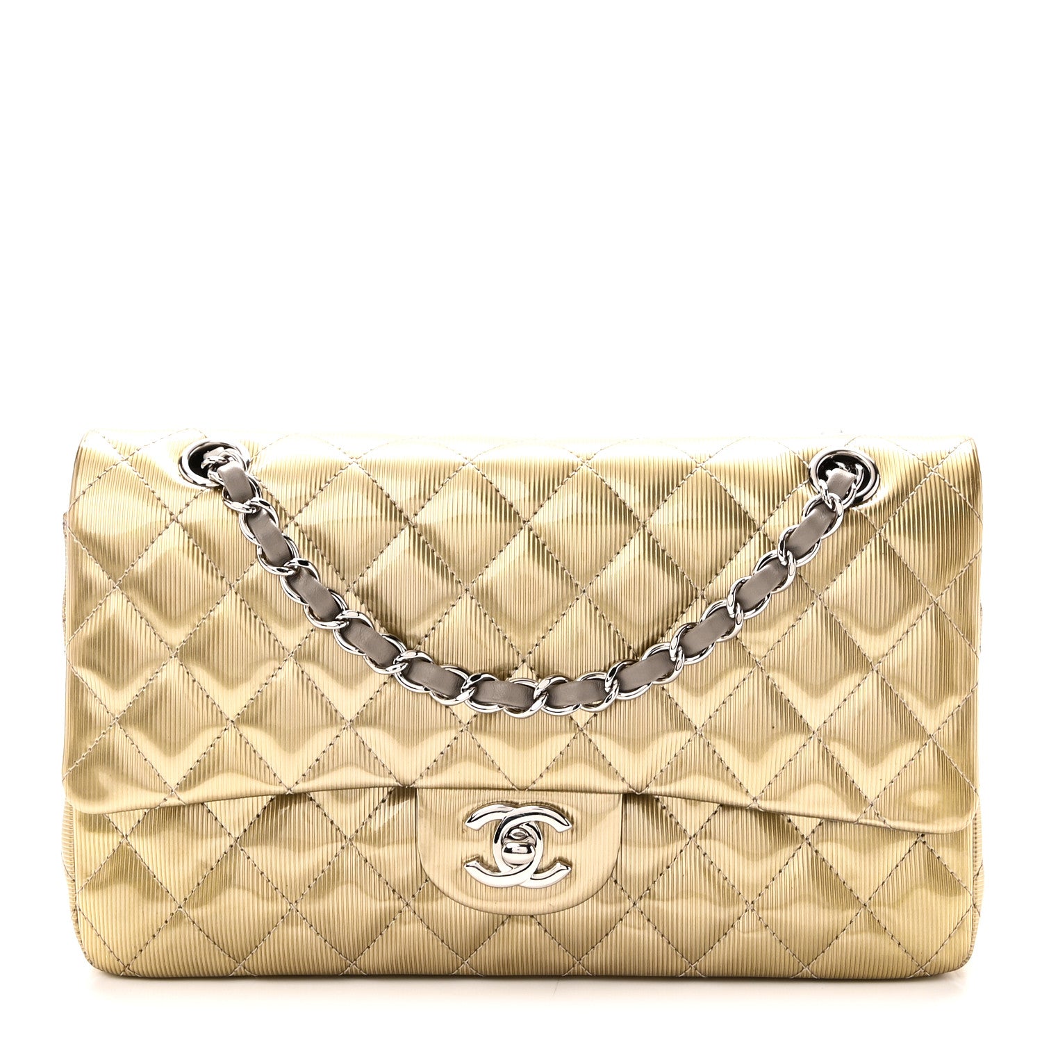 Chanel Striated Patent Quilted Medium Double Flap Gold 1 of 10