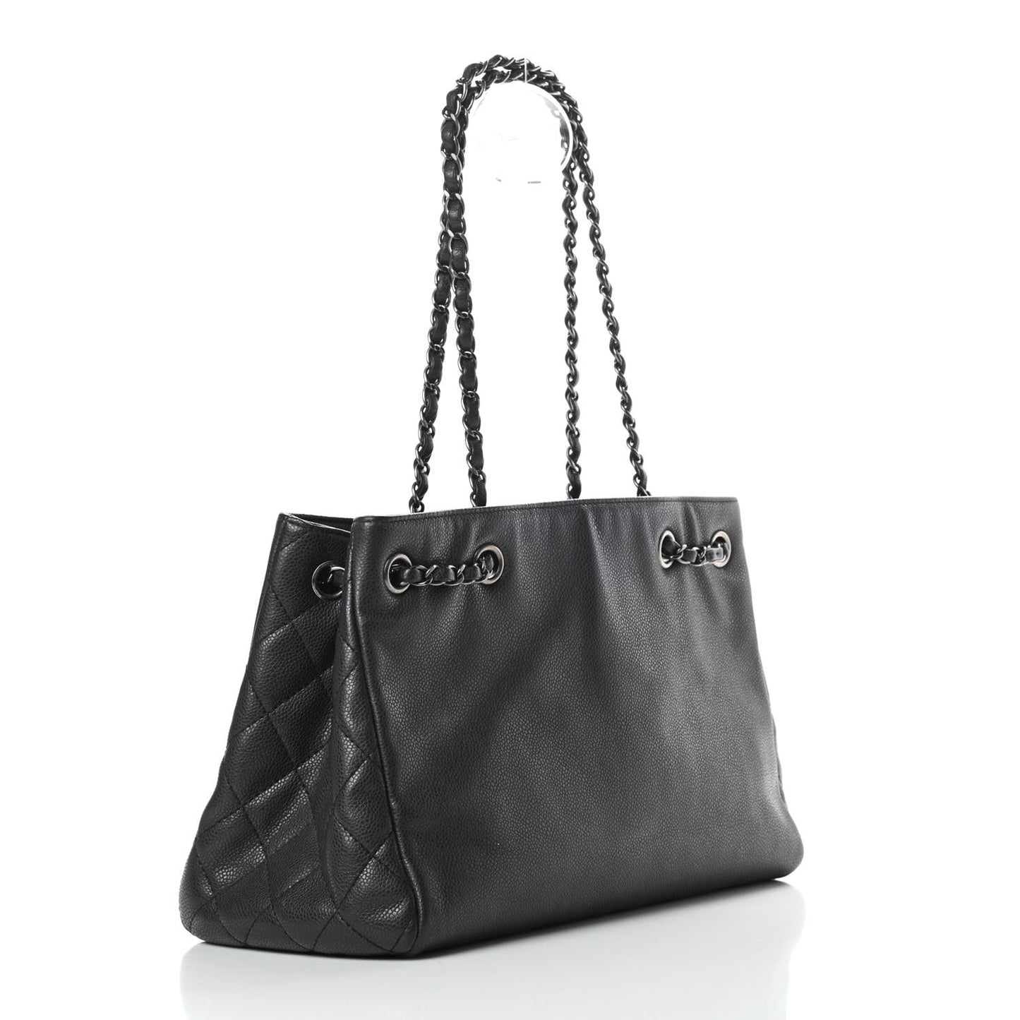 Metallic Grained Calfskin Medium Woven Chain Shopping Tote Black
