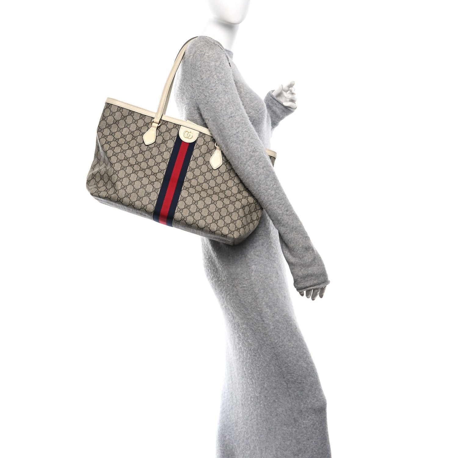 Gucci GG Supreme Monogram Textured Dollar Calfskin Web Medium Ophidia Shopping Tote Beige Ebony Mystic White 2 of 9