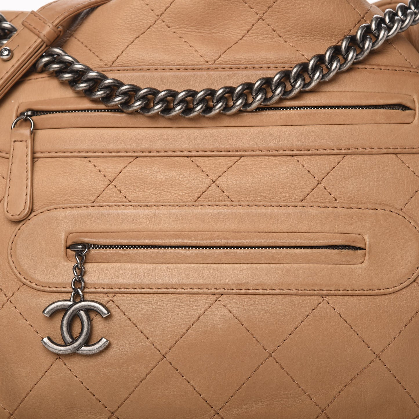Calfskin Stitched Double Zip Hobo Beige