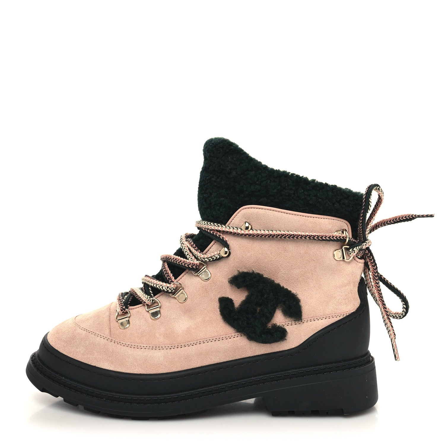 Chanel Suede Shearling CC Lace Up Boots 40 Pink Black 1 of 8