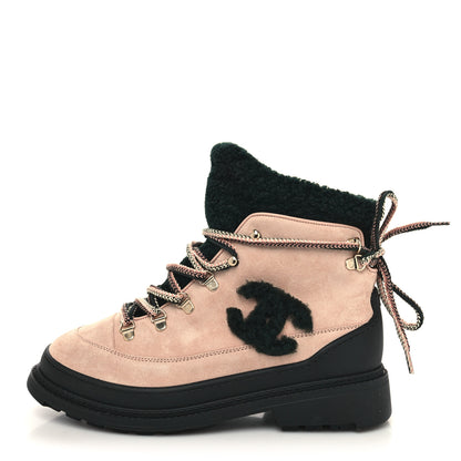 Chanel Suede Shearling CC Lace Up Boots 40 Pink Black 1 of 8