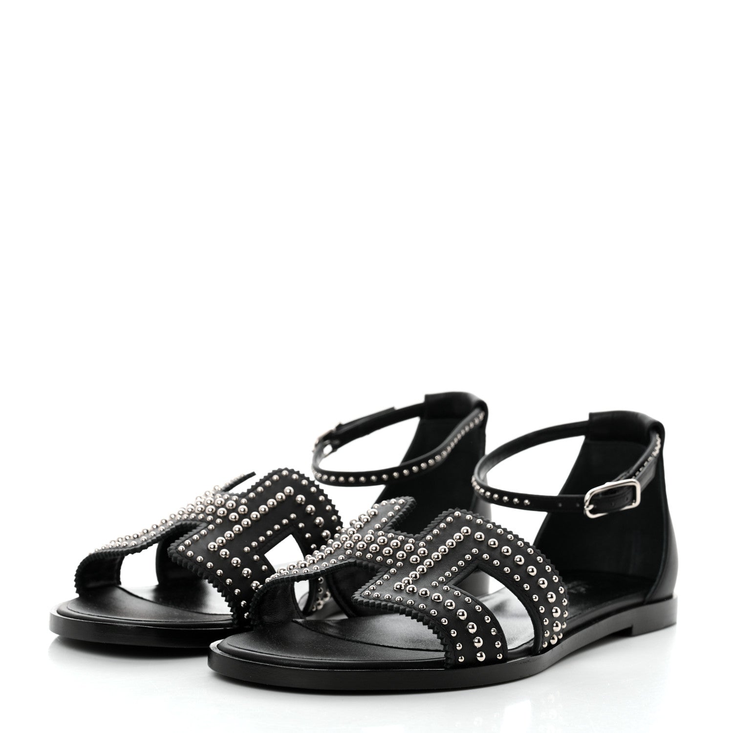 Hermes Calfskin Studded Santorini Sandals 37.5 Black 3 of 8