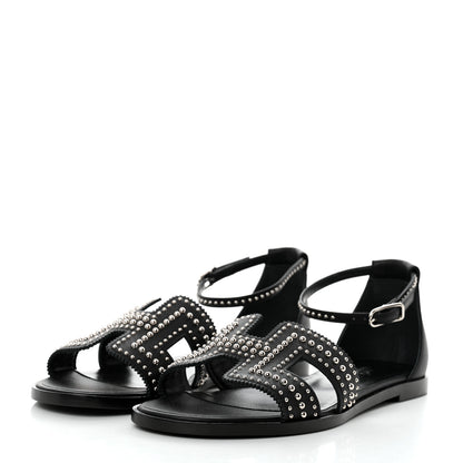 Hermes Calfskin Studded Santorini Sandals 37.5 Black 3 of 8