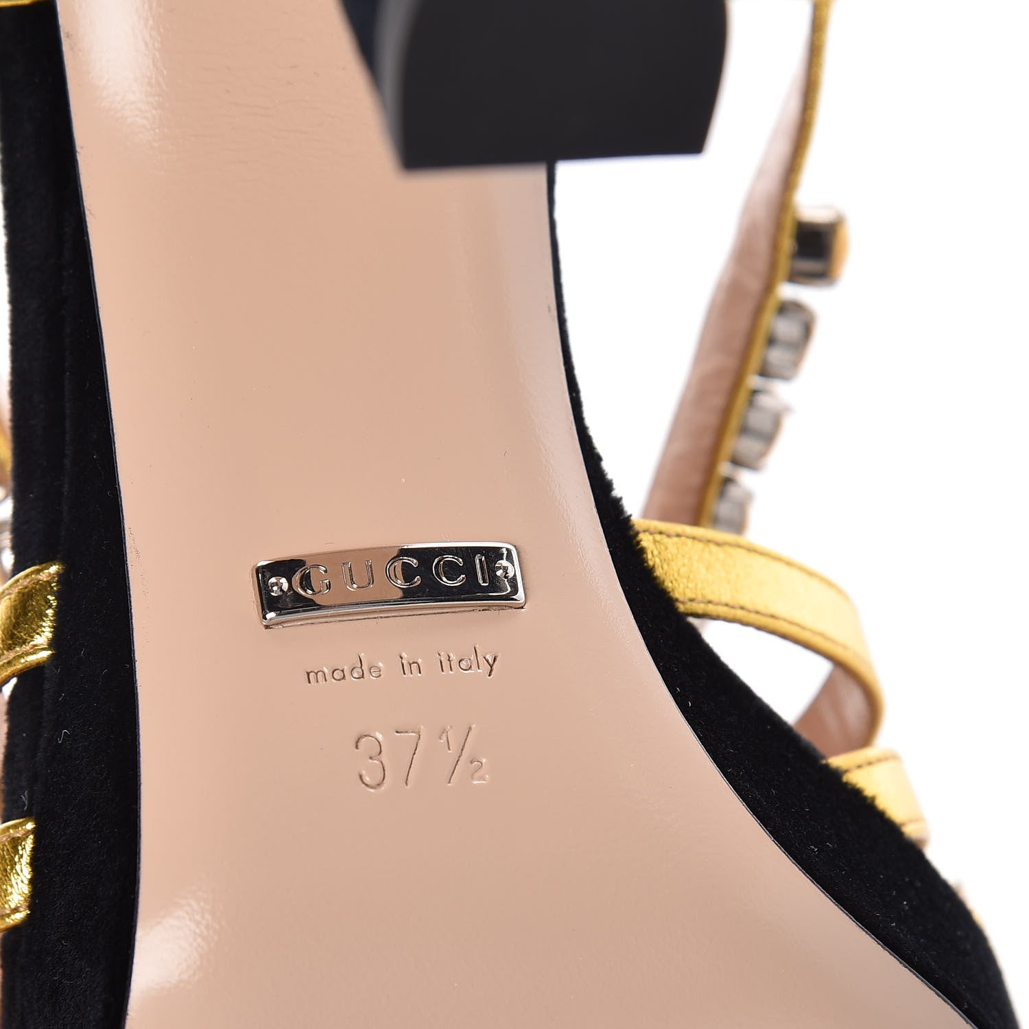 Gucci Velvet Nappa Crystal Zephyra Slingback Platform High Heel Sandals 37.5 Black Gold 6 of 8