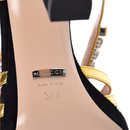 Gucci Velvet Nappa Crystal Zephyra Slingback Platform High Heel Sandals 37.5 Black Gold 6 of 8
