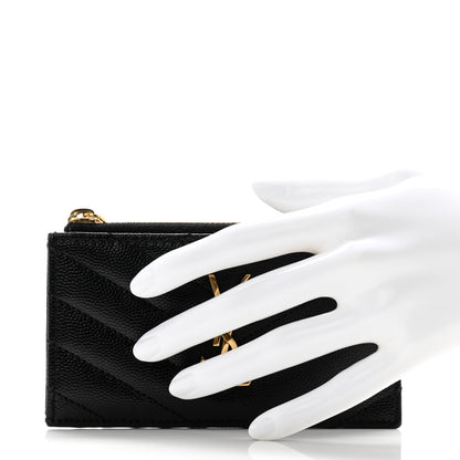 Saint Laurent Grain De Poudre Matelasse Chevron Monogram Fragments Zippered Card Case Black 2 of 10
