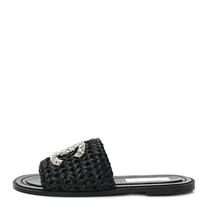 Chanel Raffia Crystal CC Mules Sandals 39 Black 1 of 9
