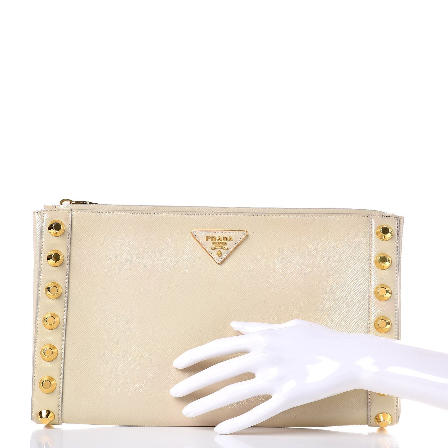 Saffiano Vernice Studded Clutch Talco