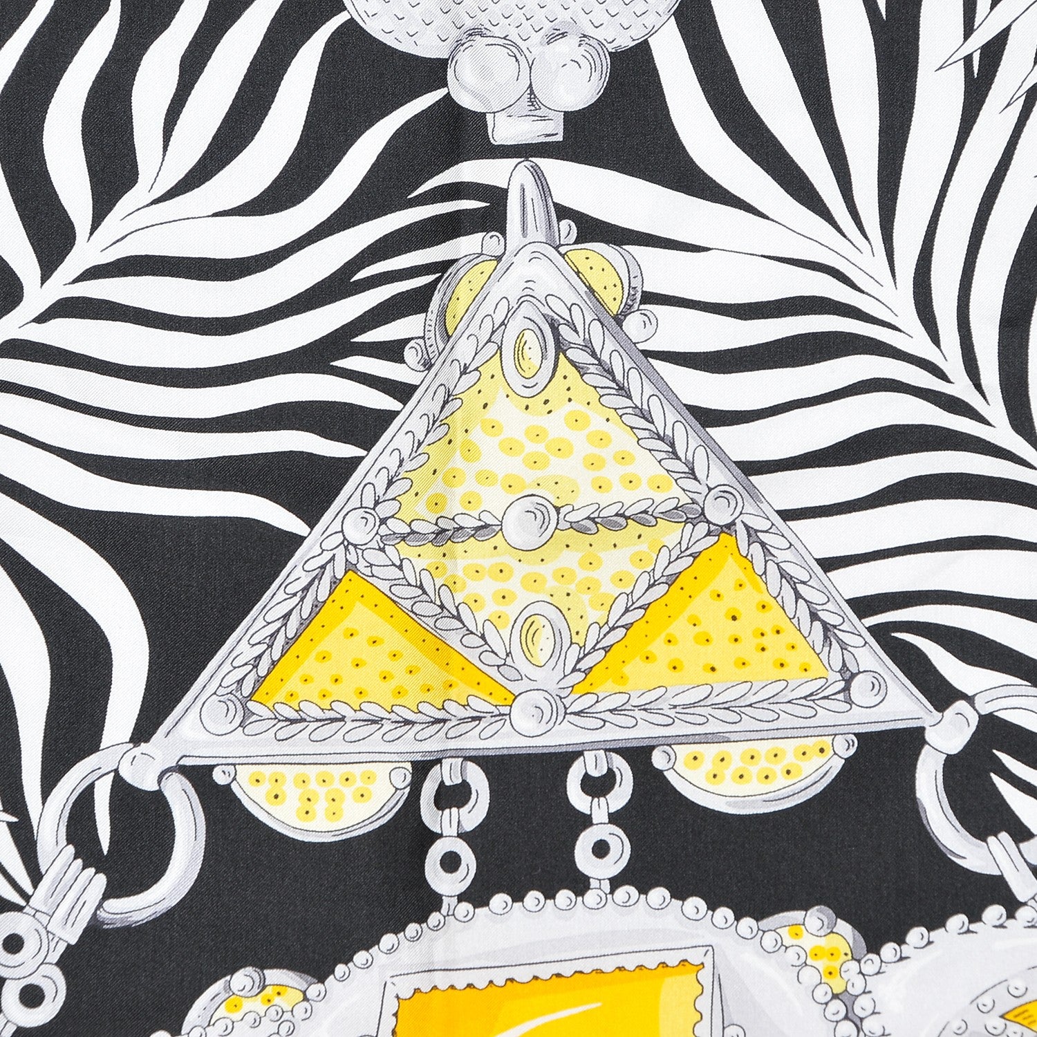 Hermes Silk Twill Parures Precieuses Shawl 140 Noir Jaune D'Or Gris 4 of 7