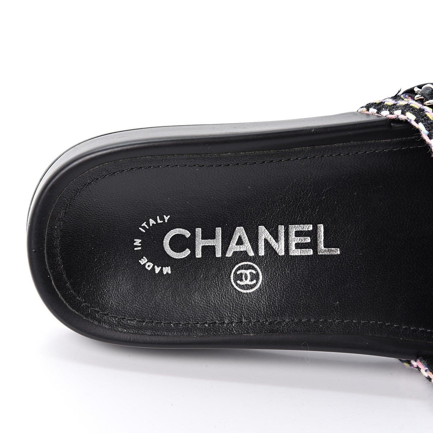 Tweed Lambskin Chain Flat Sandals 34 Black Multicolor