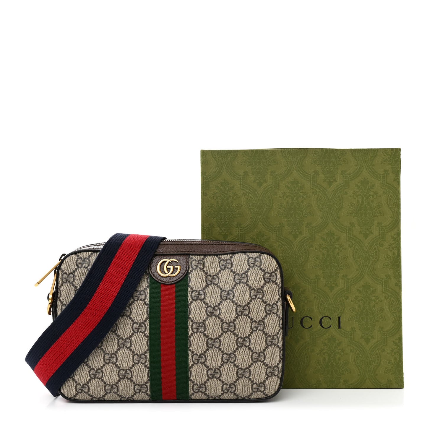 GG Supreme Monogram Textured Dollar Calfskin Web Ophidia Wristlet Shoulder Bag Beige Ebony New Acero