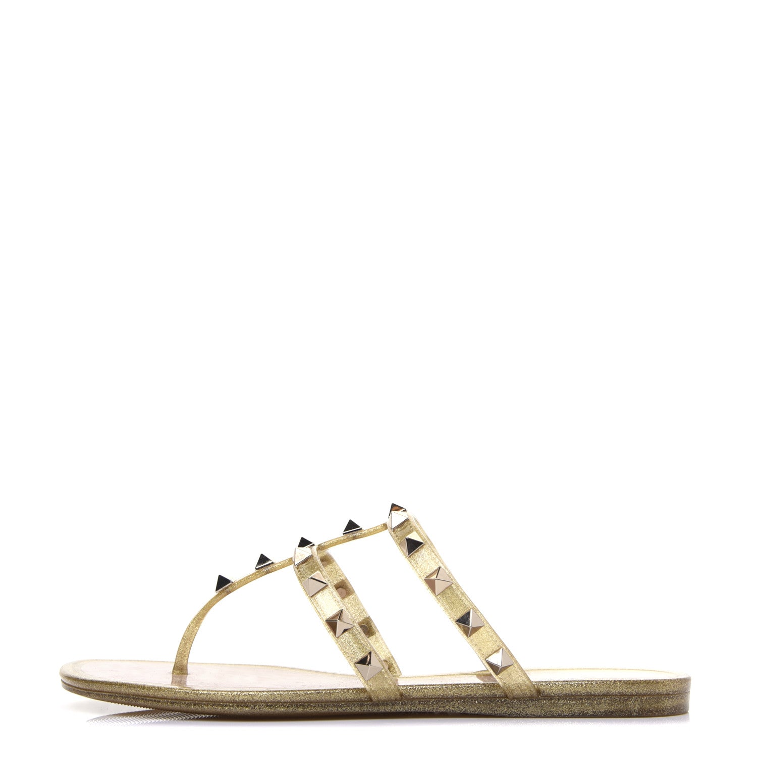 Valentino Garavani PVC Jelly Glitter Rockstud Caged Flat Thong Sandals 36 Oro 1 of 12