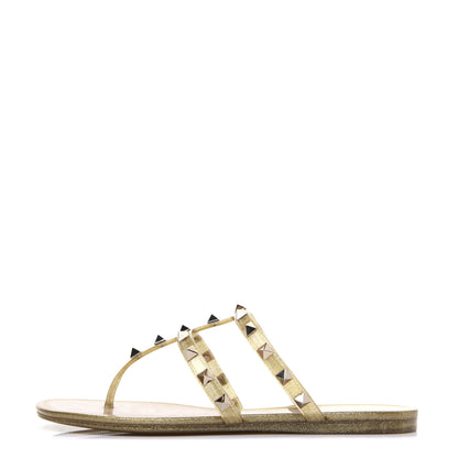 Valentino Garavani PVC Jelly Glitter Rockstud Caged Flat Thong Sandals 36 Oro 1 of 12