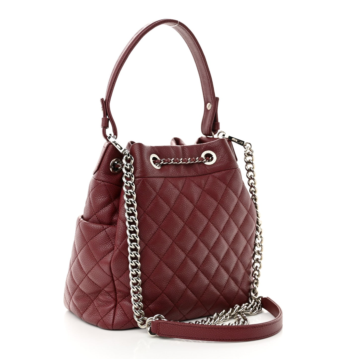 Caviar Flat Quilted CC Chain Bucket Drawstring Bag Burgundy