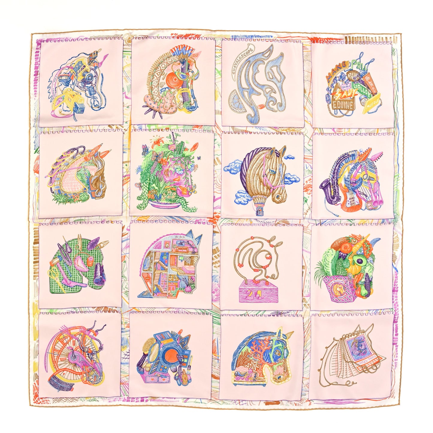 Silk Chevaloscope Scarf 90 Rose Nacre Vert Multicolor