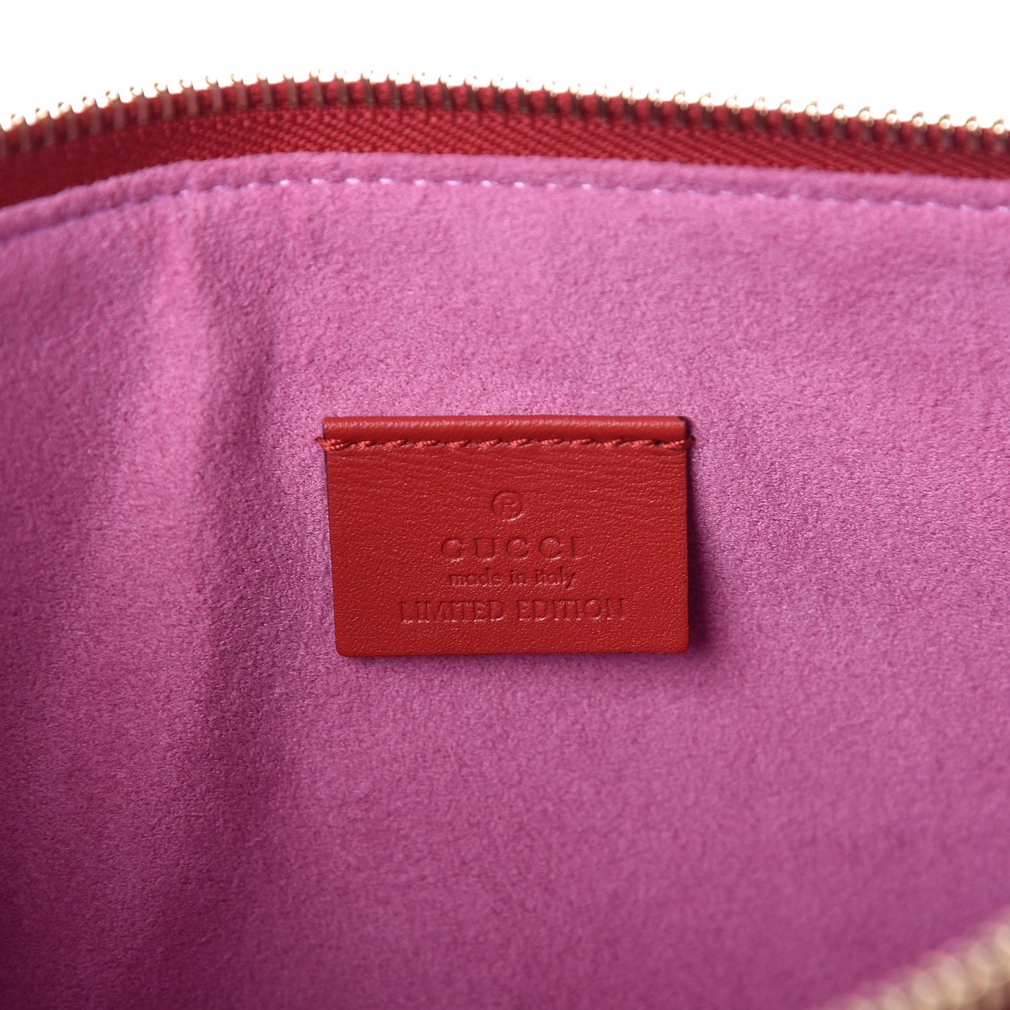 GG Supreme Monogram Bosco Patch Zip Pouch Beige Malva Hibiscus Red