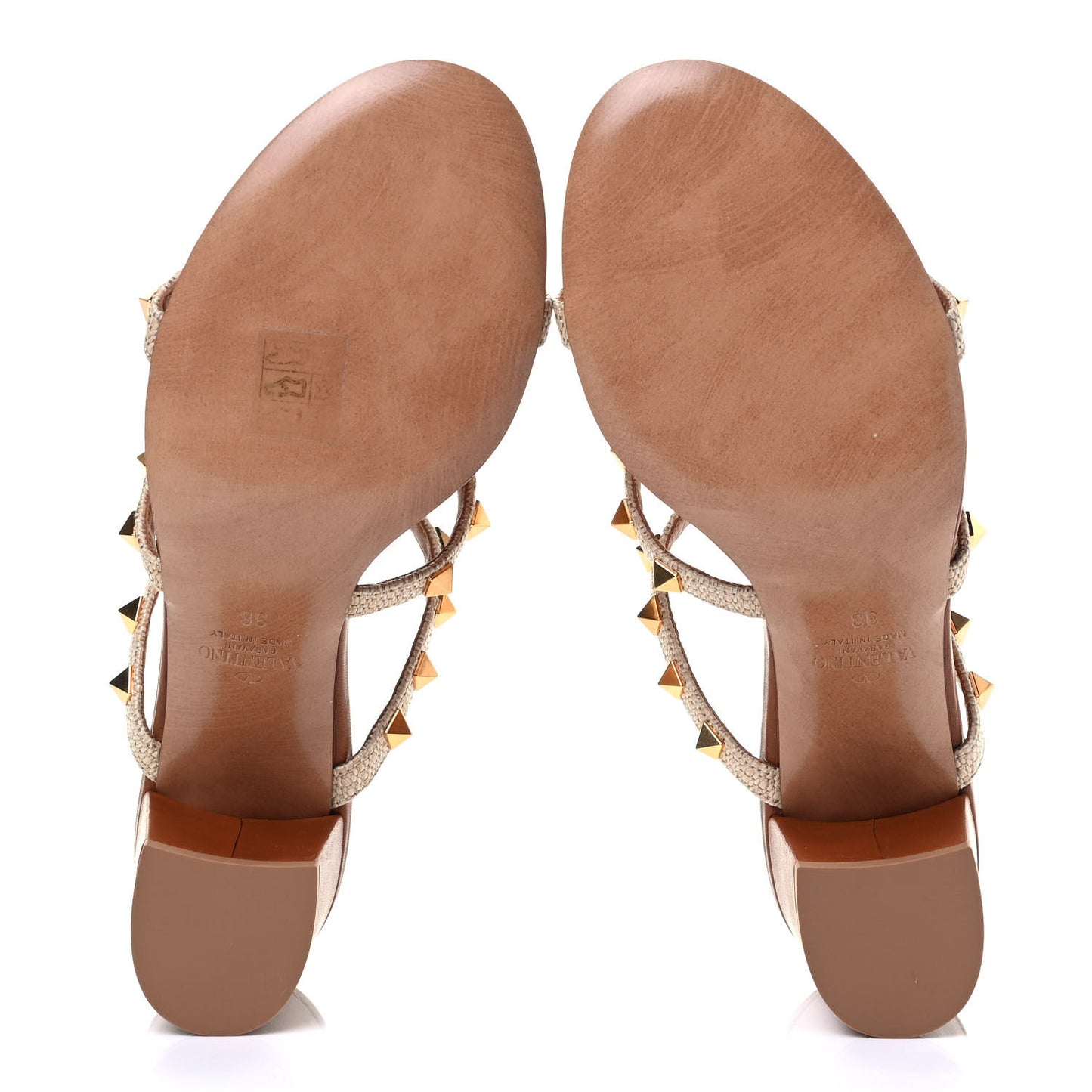 Raffia Calfskin Rockstud 60mm Caged Slide Sandals 38 Naturale