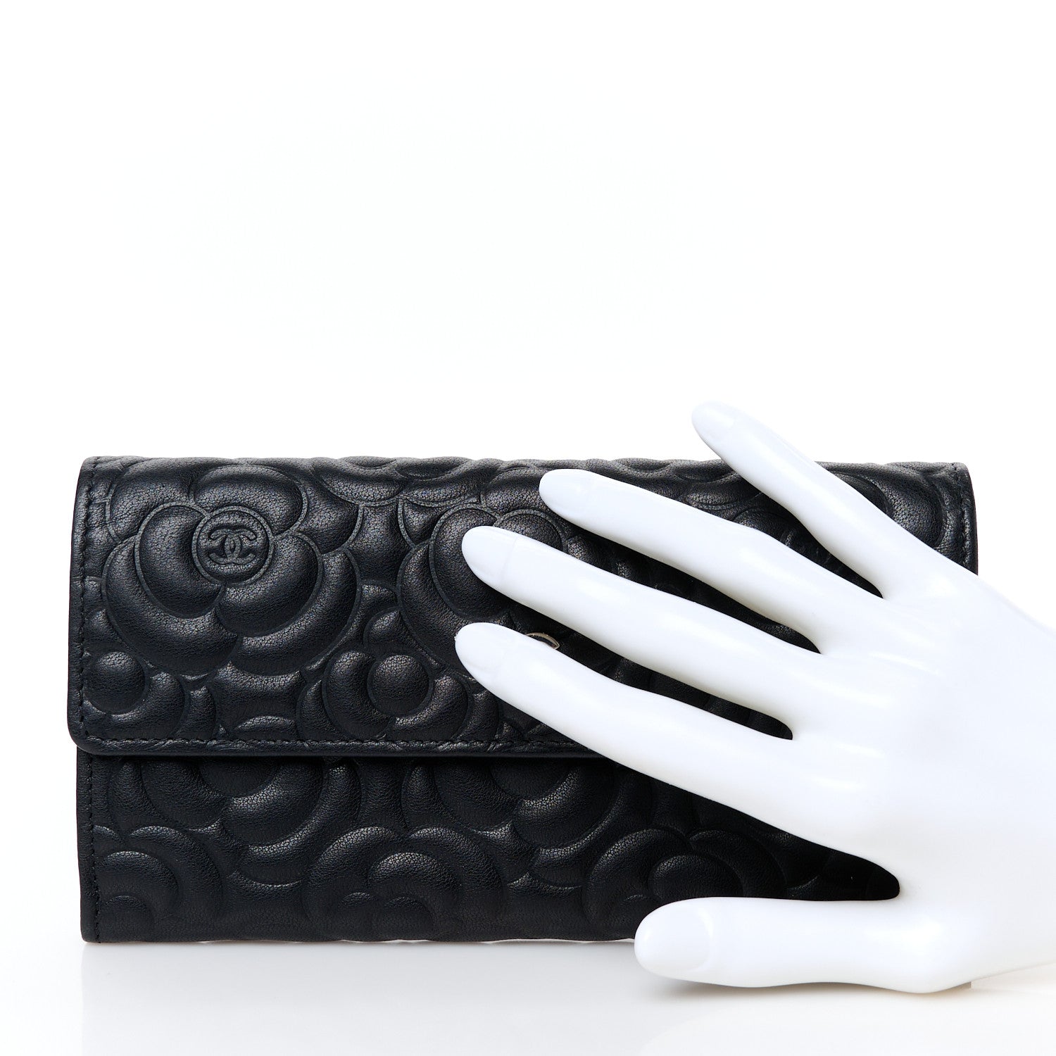Chanel Lambskin Embossed Camellia Large Gusset Flap Wallet Black