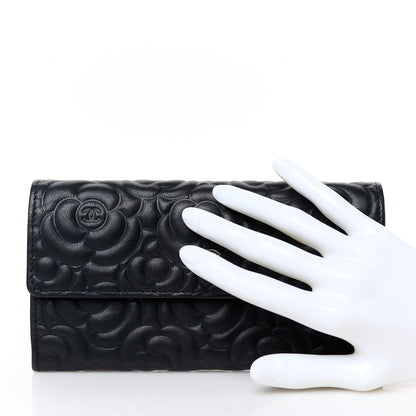 Chanel Lambskin Embossed Camellia Large Gusset Flap Wallet Black 2 of 12