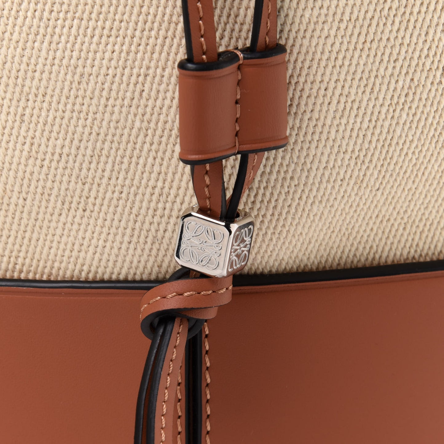 Canvas Calfskin Balloon Bucket Bag Ecru Tan