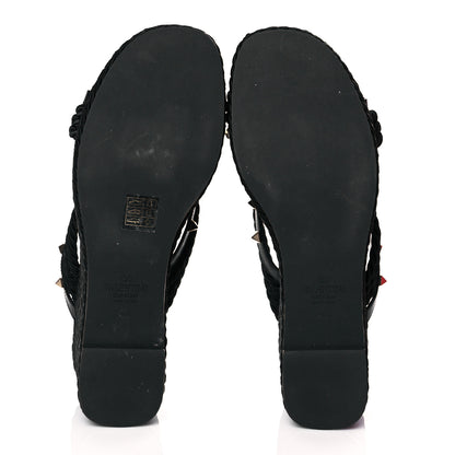 Valentino Garavani Calfskin Silk Rockstud Torchon Espadrille Wedge 25/95mm Slide Sandals 40 Black 5 of 9