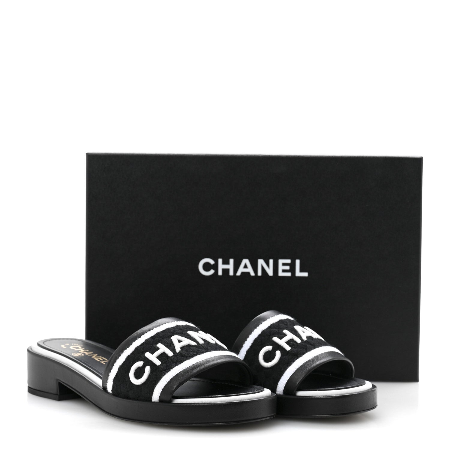 Chanel Lambskin Embroidered CC Mule Sandal 38.5 Black White 10 of 10
