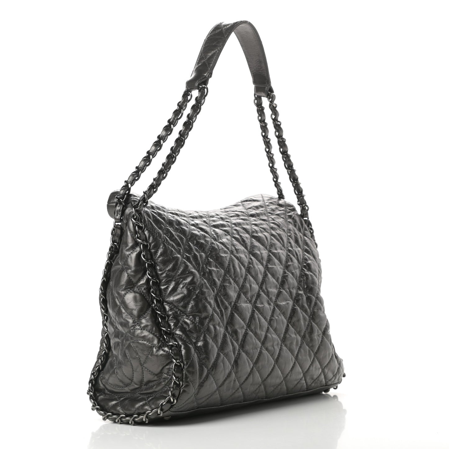 Metallic Calfskin Quilted Large Chain Me Hobo Dark Grey