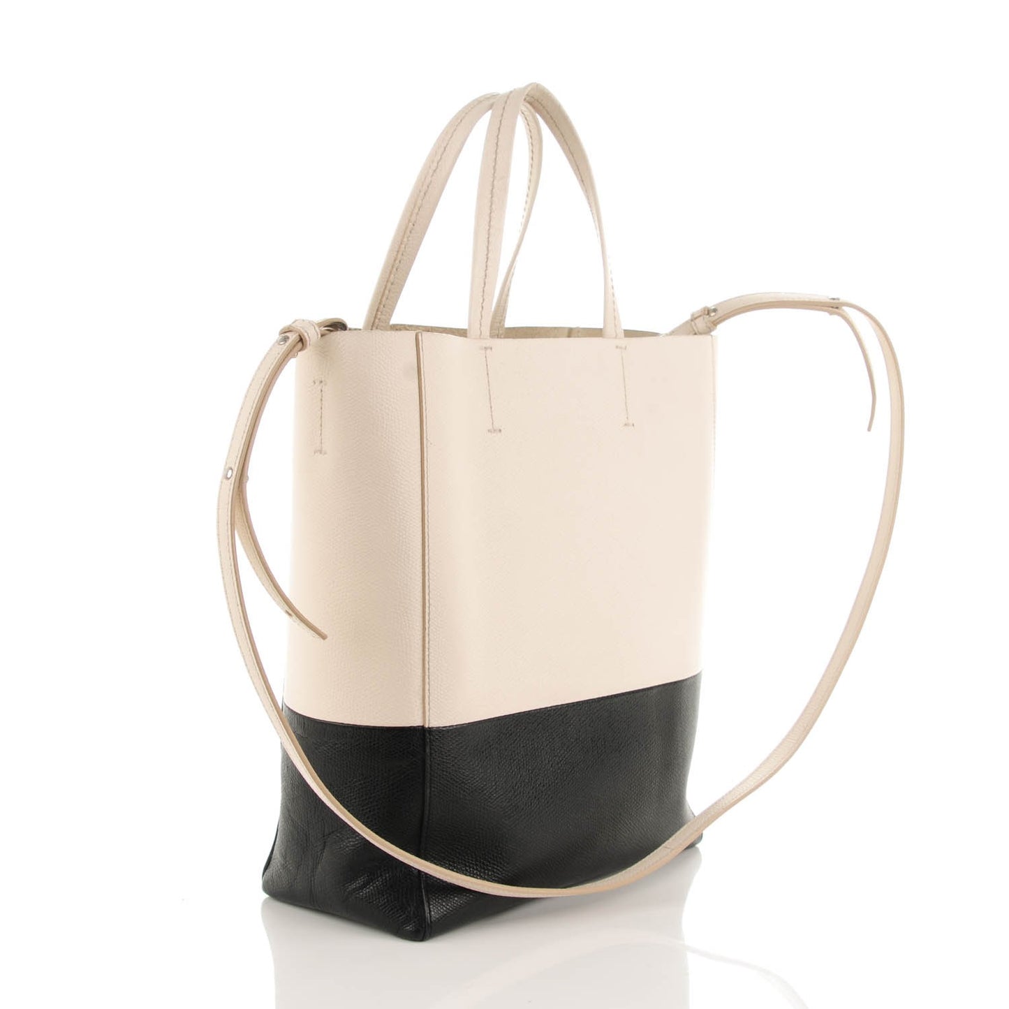 Grained Calfskin Small Vertical Bi-Cabas Cream Black