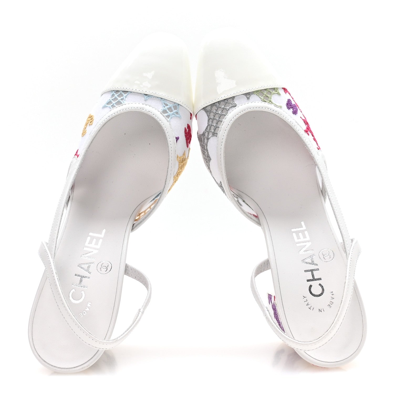 Chanel Cotton Guipure Patent Embroidered Floral Cap Toe CC Slingback Pumps 36 White Multicolor 3 of 16