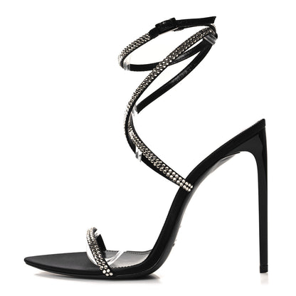 Saint Laurent Crepe Satin Strass 110 Ankle Strap Sandals 38 Black 1 of 8