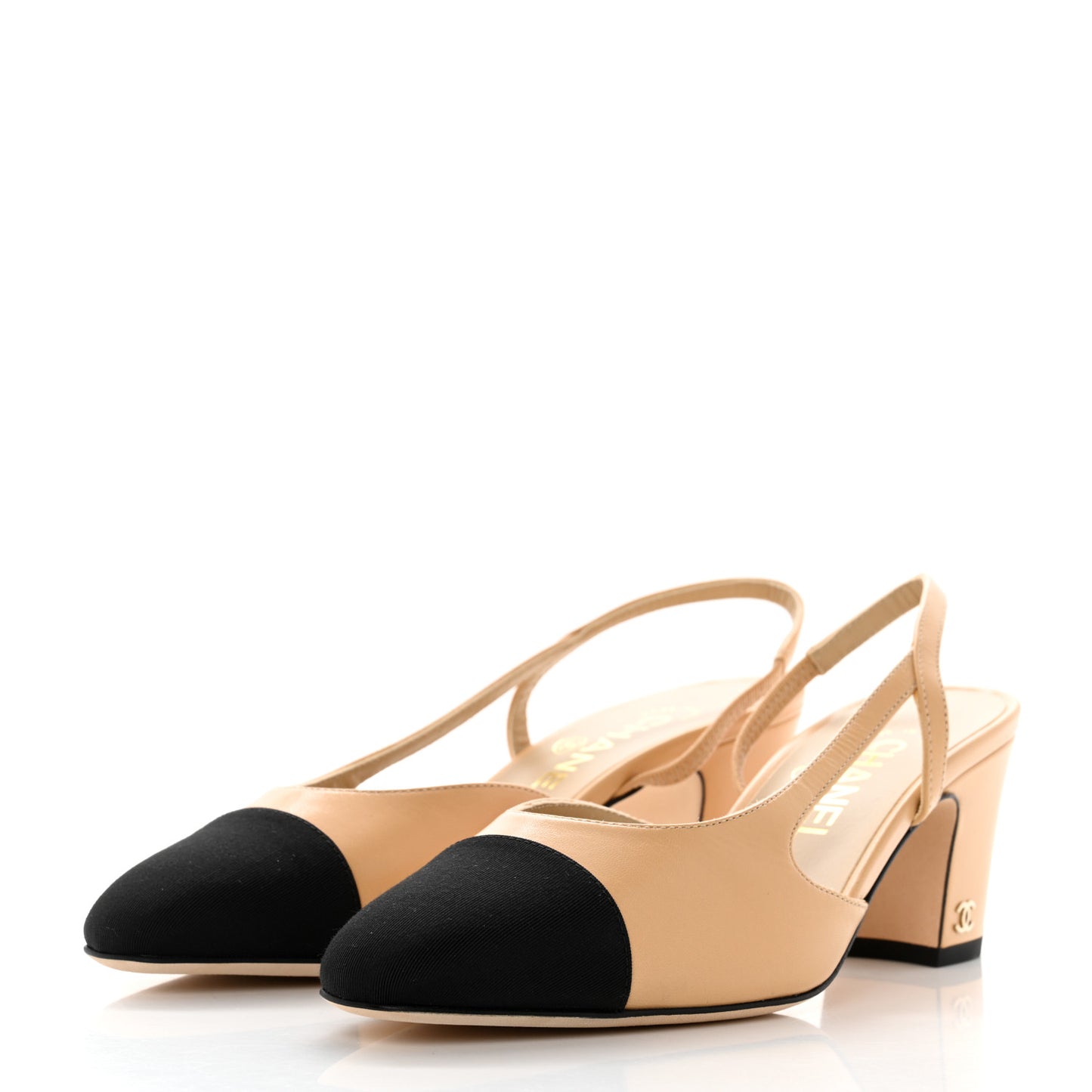 Goatskin Grosgrain Cap Toe CC Slingback Pumps 37 Beige Black