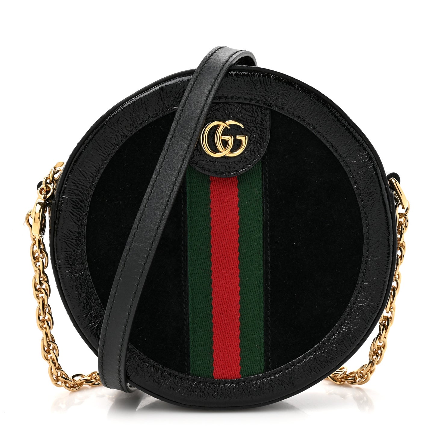 Suede Patent Web Mini Ophidia Round Shoulder Bag Black