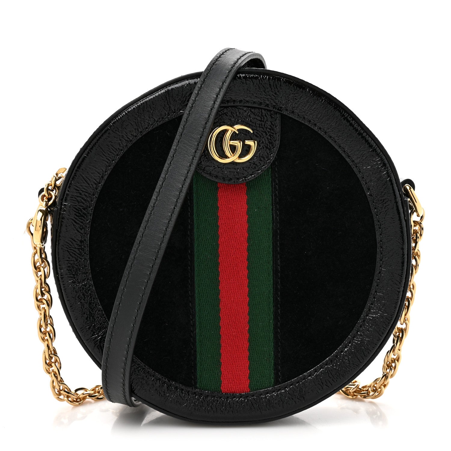 Gucci Suede Patent Web Mini Ophidia Round Shoulder Bag Black 1 of 10