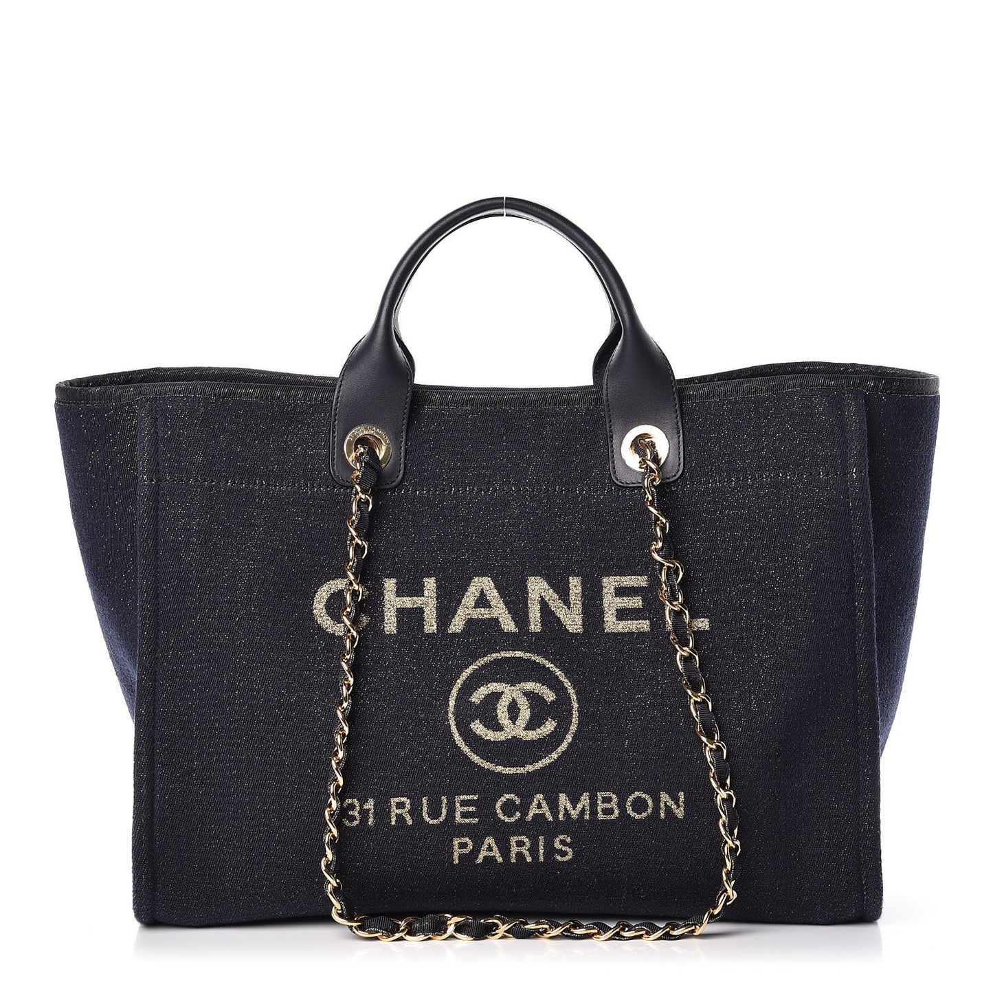 Lurex Canvas Medium Deauville Tote Navy Blue Gold