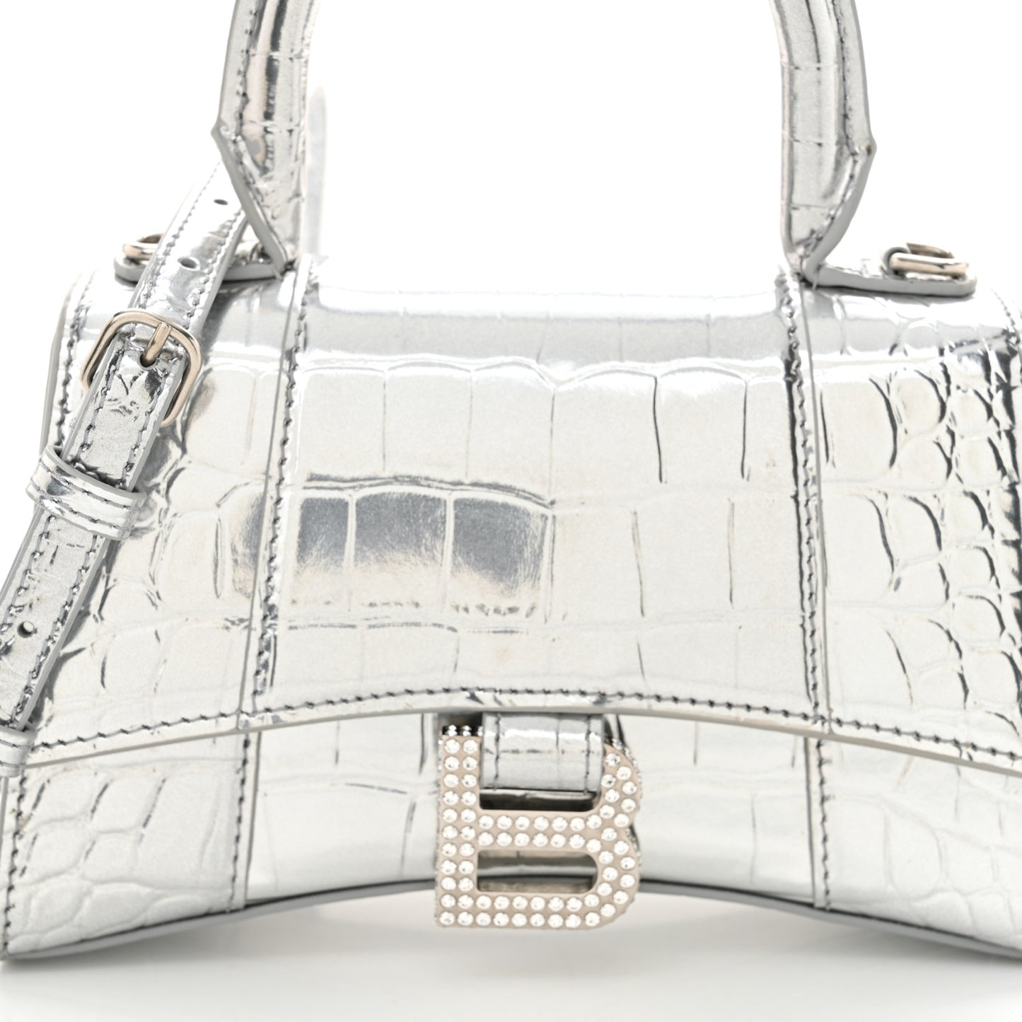 Metallic Calfskin Crocodile Embossed Crystal Hourglass Top Handle Bag XS Silver